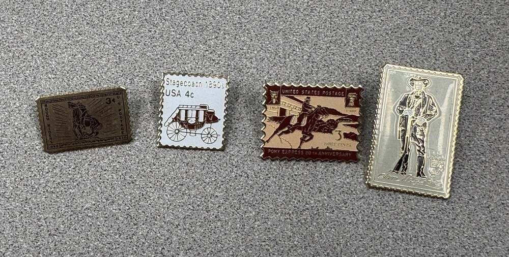 4 Vintage Postage Stamp Lapel Pins Pony Express, Rough Riders, And Sam Houston